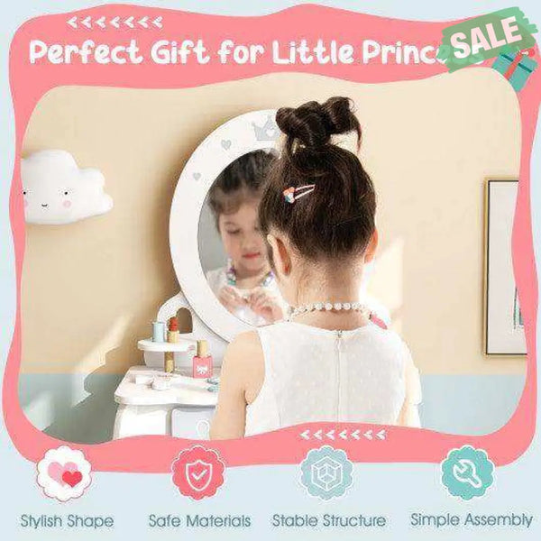 Kids 2-in-1 Princess Makeup Table and Chair Set with Removable Mirror-White Kids Vanities