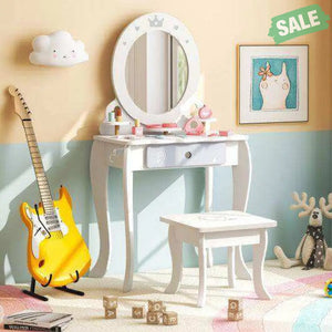 Kids 2-in-1 Princess Makeup Table and Chair Set with Removable Mirror-White Kids Vanities