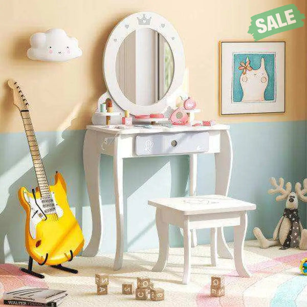 Kids 2-in-1 Princess Makeup Table and Chair Set with Removable Mirror-White Kids Vanities