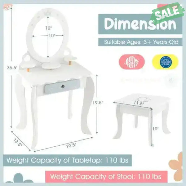 Kids 2-in-1 Princess Makeup Table and Chair Set with Removable Mirror-White Kids Vanities