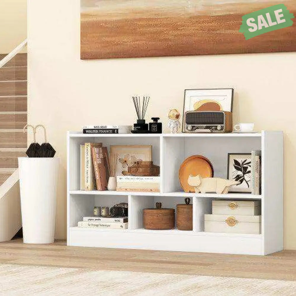 Kids 2-Shelf Bookcase 5-Cube Wood Toy Storage Cabinet Organizer-White White Kids Storage