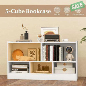 Kids 2-Shelf Bookcase 5-Cube Wood Toy Storage Cabinet Organizer-White White Kids Storage