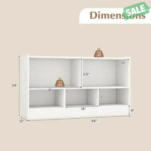 Kids 2-Shelf Bookcase 5-Cube Wood Toy Storage Cabinet Organizer-White White Kids Storage