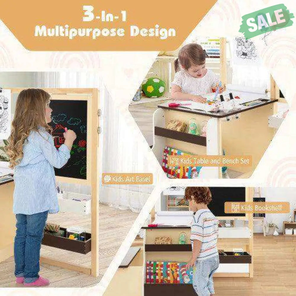 Art Center Wooden Table Bench Set Easy Clean Set Toddlers &