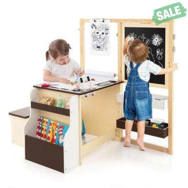 Kids Art Center Wooden Table Bench Set-Brown Brown Kids Table & Chair Sets