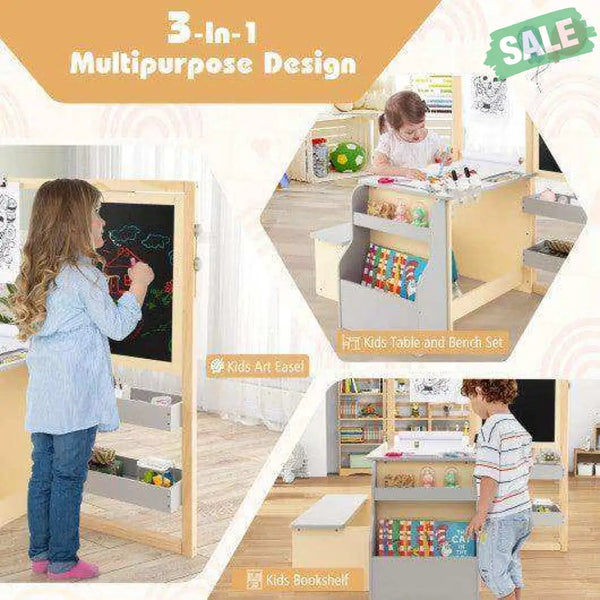 Kids Art Center Wooden Table Bench Set-Brown Brown Kids Table & Chair Sets