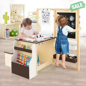Kids Art Center Wooden Table Bench Set-Brown Brown Kids Table & Chair Sets