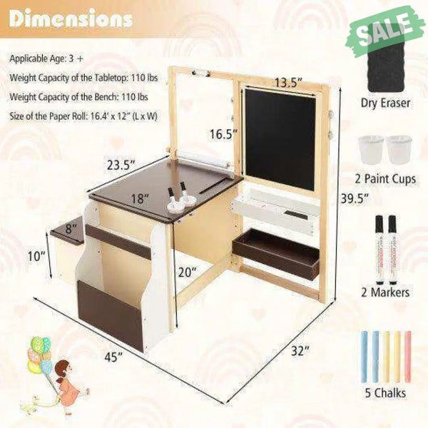 Kids Art Center Wooden Table Bench Set-Brown Brown Kids Table & Chair Sets