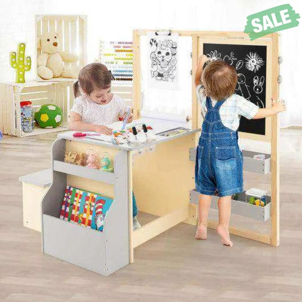 Kids Art Center Wooden Table Bench Set-Gray