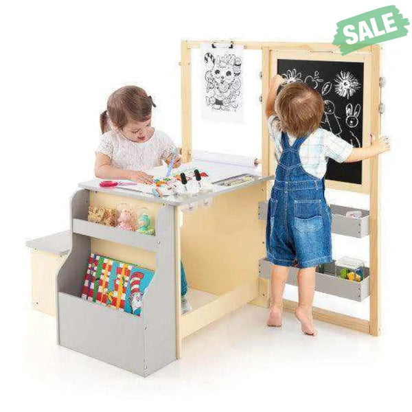 Kids Art Center Wooden Table Bench Set-Gray