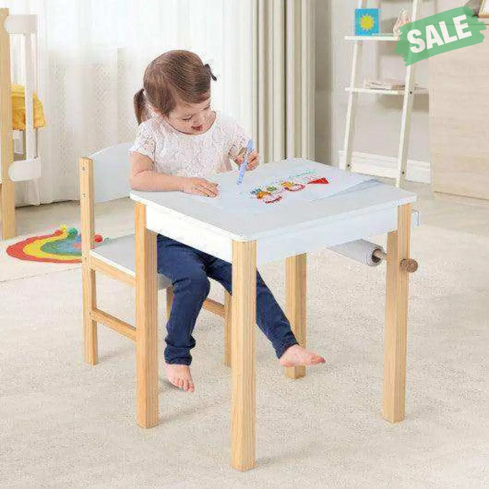 Kids Art Table and Chair Set with Drawer Paper Roll and 2 Markers-White Kids Table & Chair Sets