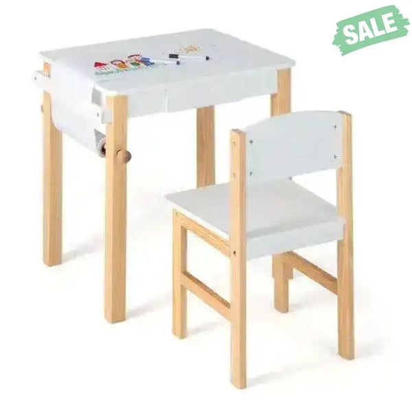 Kids Art Table and Chair Set with Drawer Paper Roll and 2 Markers-White Kids Table & Chair Sets