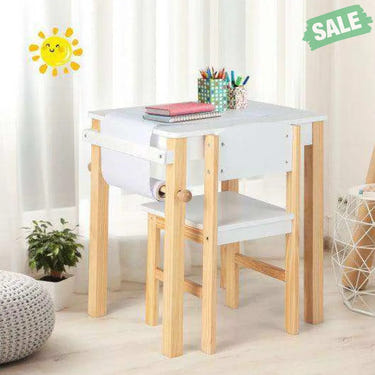 Kids Art Table and Chair Set with Drawer Paper Roll and 2 Markers-White Kids Table & Chair Sets