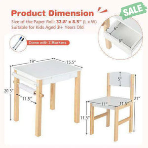 Kids Art Table and Chair Set with Drawer Paper Roll and 2 Markers-White Kids Table & Chair Sets