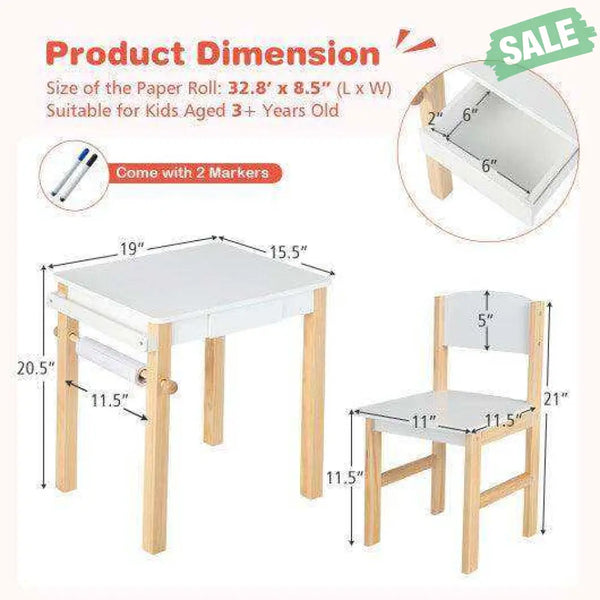 Kids Art Table and Chair Set with Drawer Paper Roll and 2 Markers-White Kids Table & Chair Sets