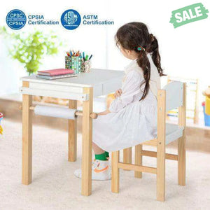 Kids Art Table and Chair Set with Drawer Paper Roll and 2 Markers-White Kids Table & Chair Sets