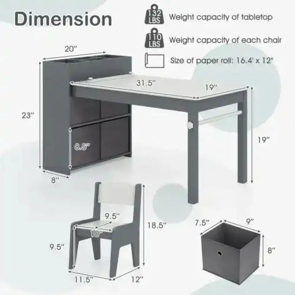 Kids Art Table and Chairs Set with 2 Chairs and Paper Roll-Gray Kids Table & Chair Sets