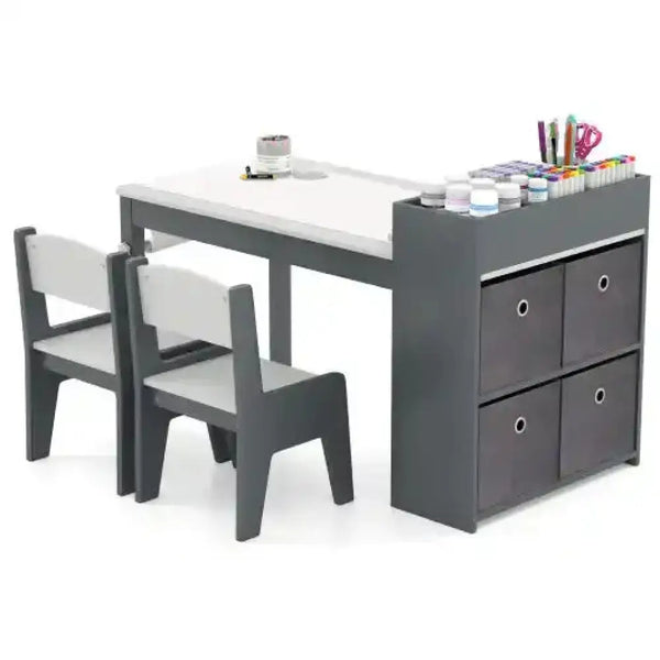 Kids Art Table and Chairs Set with 2 Chairs and Paper Roll-Gray Kids Table & Chair Sets