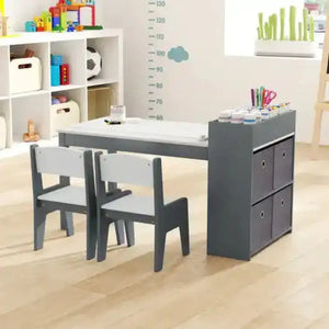 Kids Art Table and Chairs Set with 2 Chairs and Paper Roll-Gray Kids Table & Chair Sets