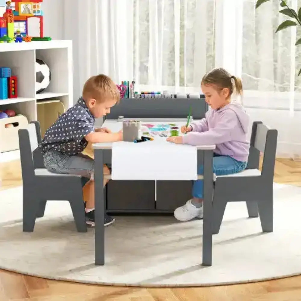 Kids Art Table and Chairs Set with 2 Chairs and Paper Roll-Gray Kids Table & Chair Sets