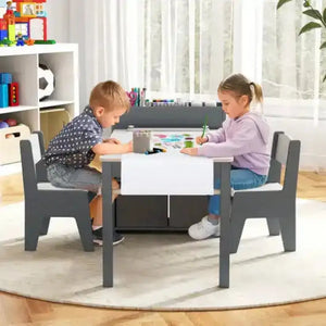 Kids Art Table and Chairs Set with 2 Chairs and Paper Roll-Gray Kids Table & Chair Sets