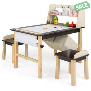 Kids Art Table and Chairs Set with Paper Roll and Storage Bins-Coffee Kids Table & Chair Sets