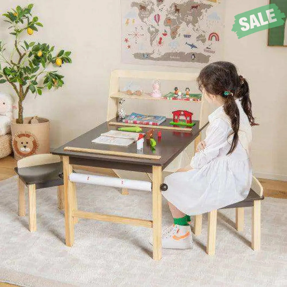 Kids Art Table and Chairs Set with Paper Roll and Storage Bins-Coffee Kids Table & Chair Sets
