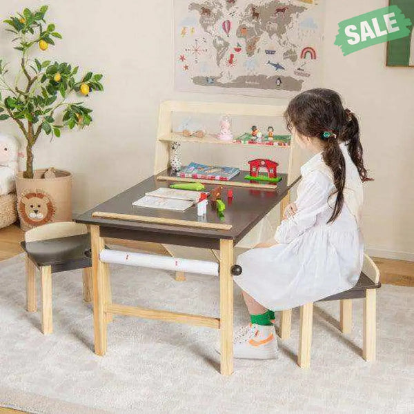 Kids Art Table and Chairs Set with Paper Roll and Storage Bins-Coffee Kids Table & Chair Sets