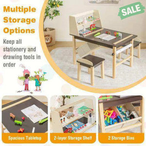 Kids Art Table and Chairs Set with Paper Roll and Storage Bins-Coffee Kids Table & Chair Sets