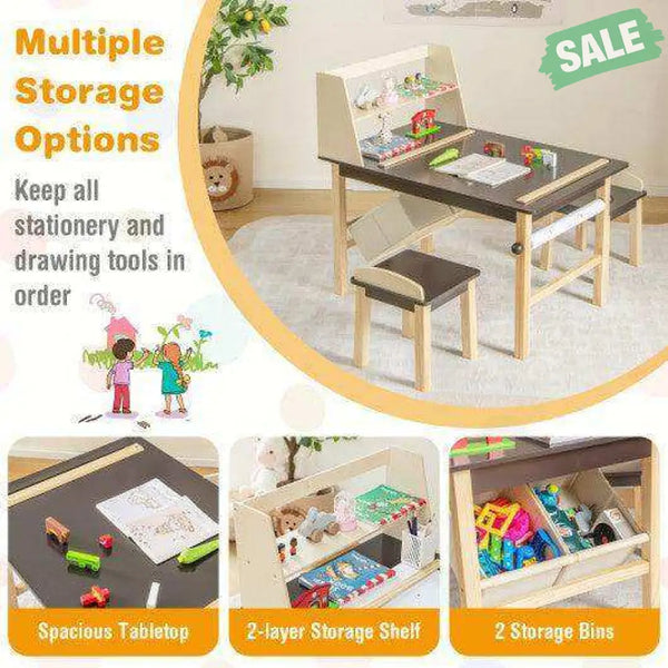 Kids Art Table and Chairs Set with Paper Roll and Storage Bins-Coffee Kids Table & Chair Sets