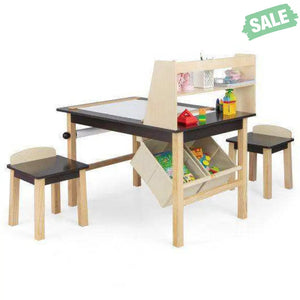 Kids Art Table and Chairs Set with Paper Roll and Storage Bins-Coffee Kids Table & Chair Sets