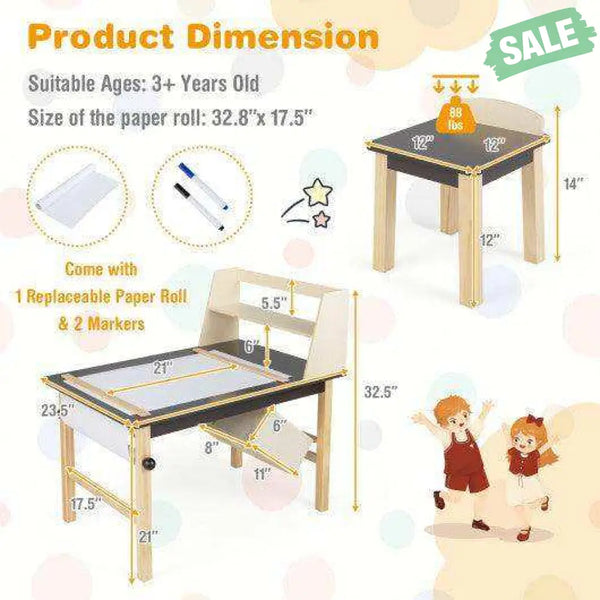 Kids Art Table and Chairs Set with Paper Roll and Storage Bins-Coffee Kids Table & Chair Sets