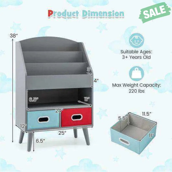 Kids Bookshelf with Open Compartment for Toddlers 3+ Years Old-Gray