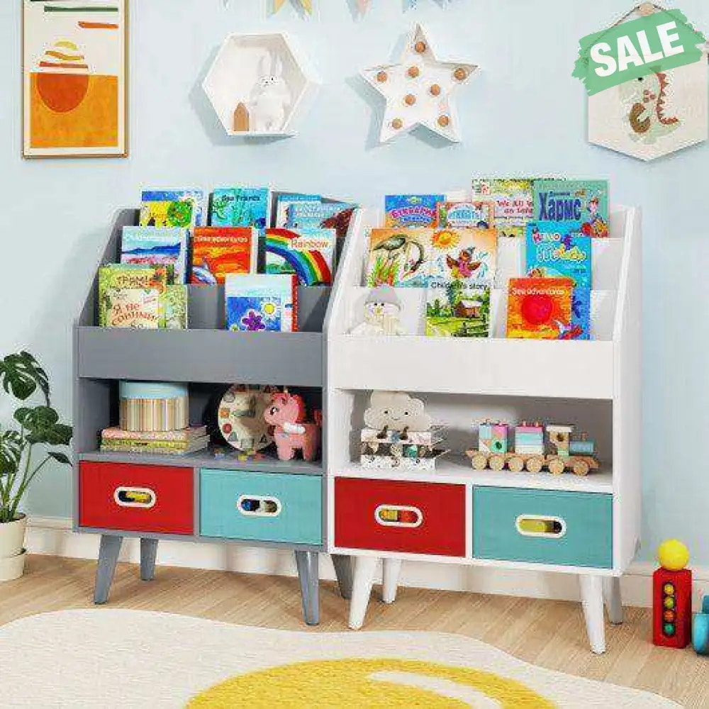 Kids Bookshelf with Open Compartment for Toddlers 3+ Years Old-Gray