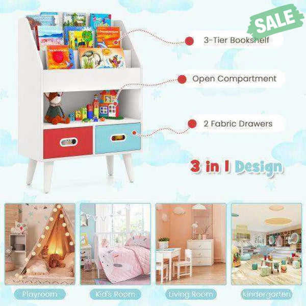 Kids Bookshelf with Open Compartment for Toddlers 3+ Years Old-White White Kids Storage