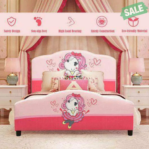 Kids Children Upholstered Platform Toddler Girl Pattern Bed Toddler Beds