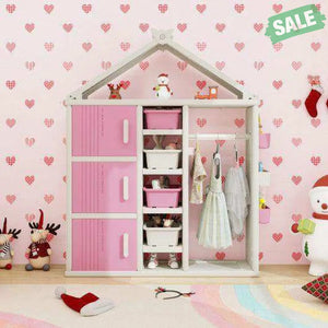 Kids Costume Storage Closet with Storage Bins and Shelves and Side Baskets for Kids Room-Gray Kids Storage