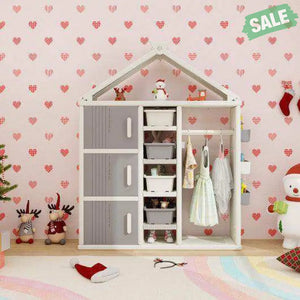 Kids Costume Storage Closet with Storage Bins and Shelves and Side Baskets for Kids Room-Gray Kids Storage