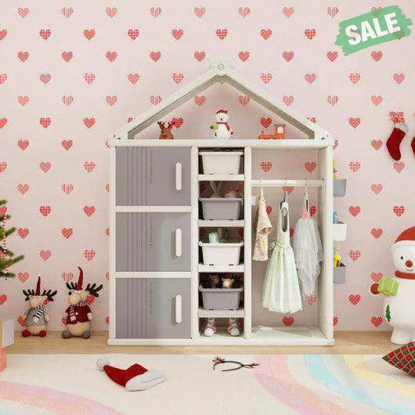 Kids Costume Storage Closet with Storage Bins and Shelves and Side Baskets for Kids Room-Gray Kids Storage