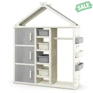 Kids Costume Storage Closet with Storage Bins and Shelves and Side Baskets for Kids Room-Gray Kids Storage