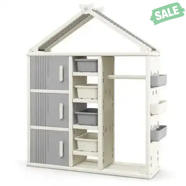 Kids Costume Storage Closet with Storage Bins and Shelves and Side Baskets for Kids Room-Gray Kids Storage