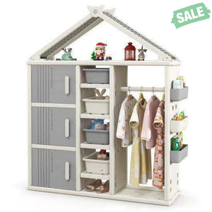 Kids Costume Storage Closet with Storage Bins and Shelves and Side Baskets for Kids Room-Gray Kids Storage