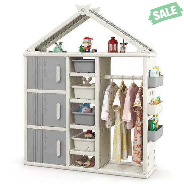 Kids Costume Storage Closet with Storage Bins and Shelves and Side Baskets for Kids Room-Gray Kids Storage