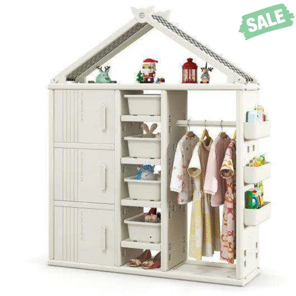 Kids Costume Storage Closet with Storage Bins and Shelves and Side Baskets for Kids Room-Gray Kids Storage