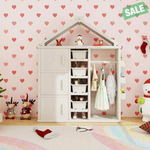 Kids Costume Storage Closet with Storage Bins and Shelves and Side Baskets for Kids Room-Gray Kids Storage