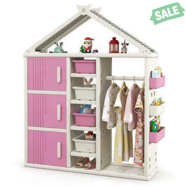 Kids Costume Storage Closet with Storage Bins and Shelves and Side Baskets for Kids Room-Gray Kids Storage