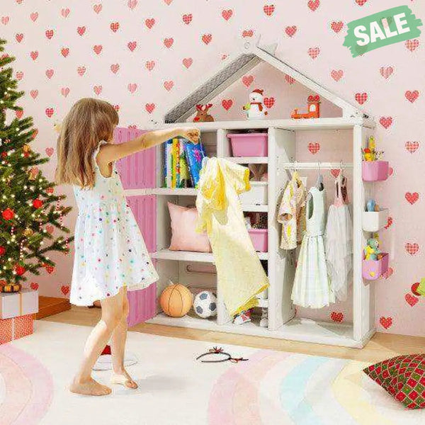 Kids Costume Storage Closet with Storage Bins and Shelves and Side Baskets for Kids Room-Gray Kids Storage