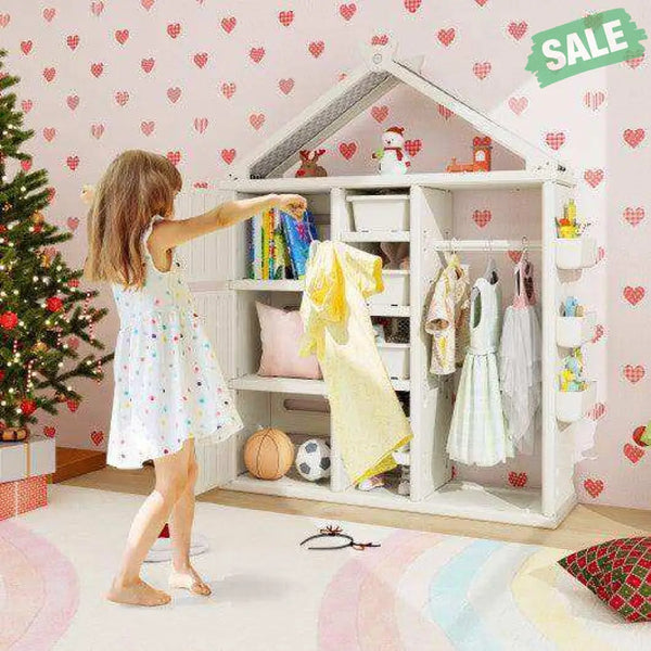 Kids Costume Storage Closet with Storage Bins and Shelves and Side Baskets for Kids Room-Gray Kids Storage