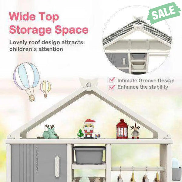 Kids Costume Storage Closet with Storage Bins and Shelves and Side Baskets for Kids Room-Gray Kids Storage