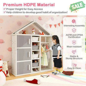 Kids Costume Storage Closet with Storage Bins and Shelves and Side Baskets for Kids Room-Gray Gray Kids Storage